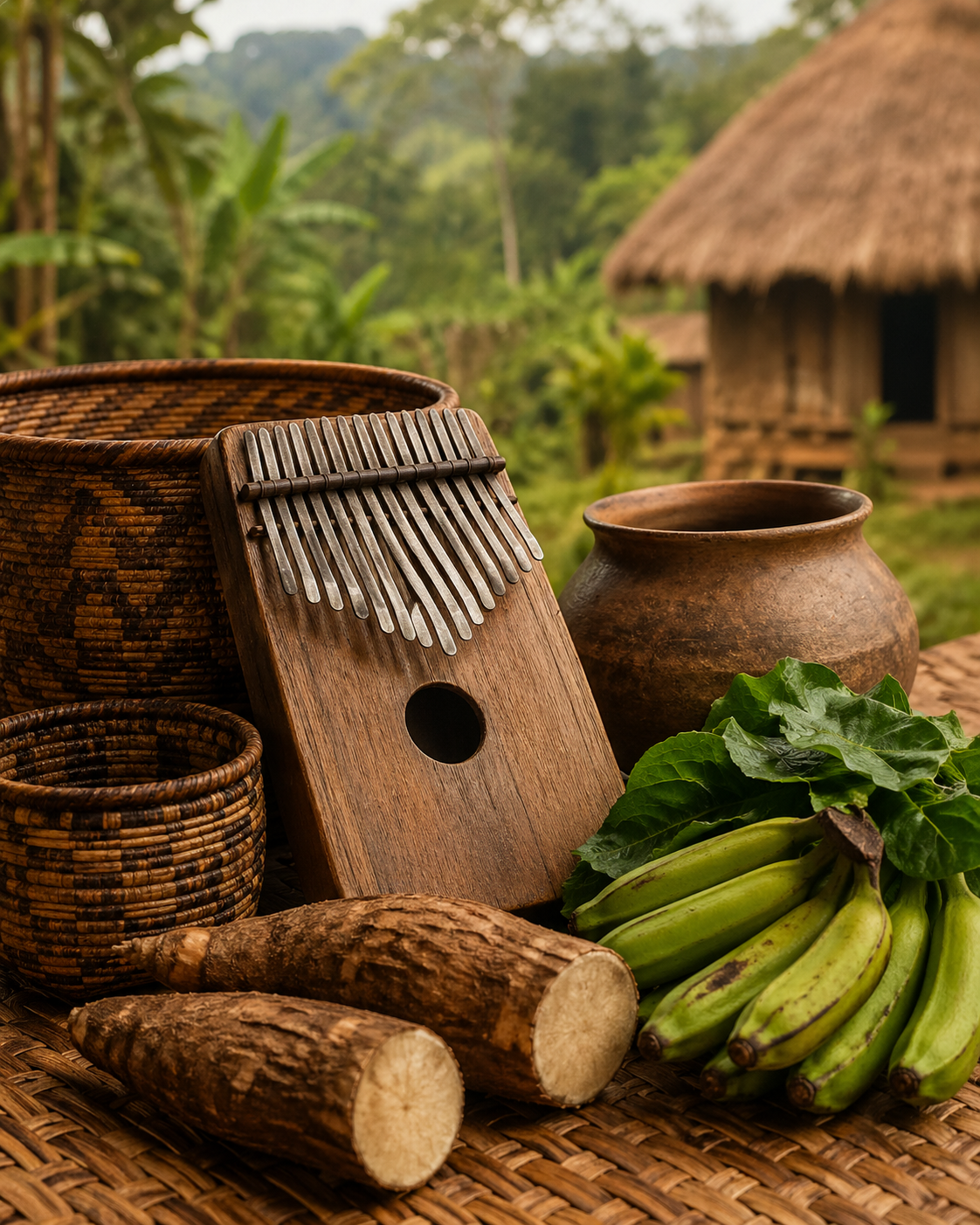 Object-only still life representing Budu daily life, including a sanza, baskets, cassava, plantains, and a forest-edge village setting